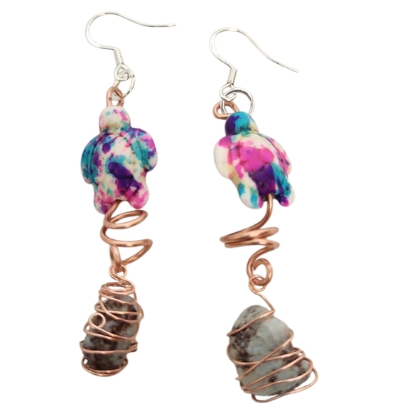 Laimar Turquoise Turtle Cooper Spiral Dangle Earrings - Picture 4 of 4